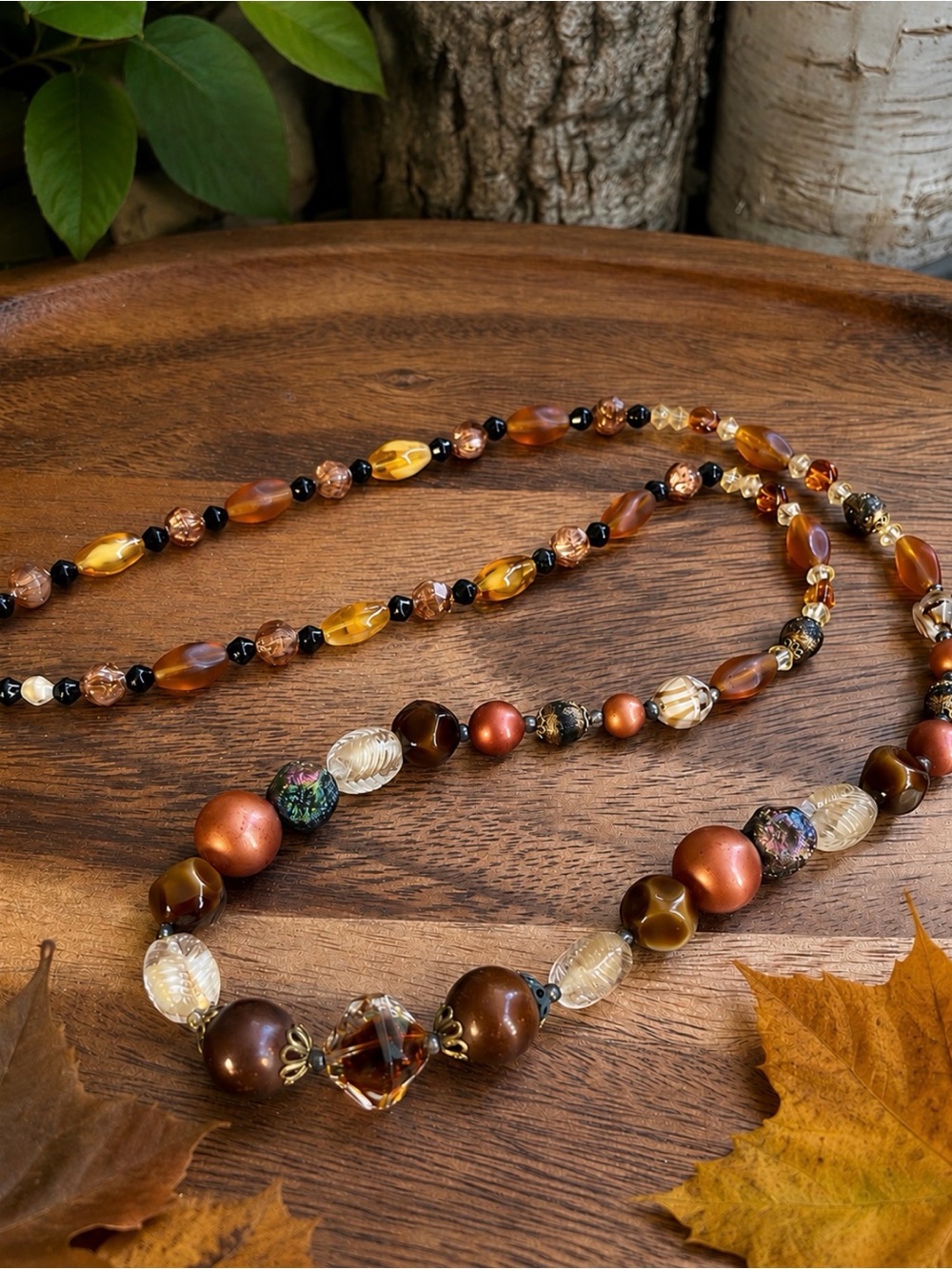 Vintage Hand Crafted Beaded Necklace 30” Brown Amber Copper Glass Acrylic